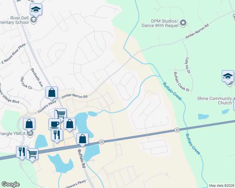 map of restaurants, bars, coffee shops, grocery stores, and more near 144 Warm Wind Drive in Clayton