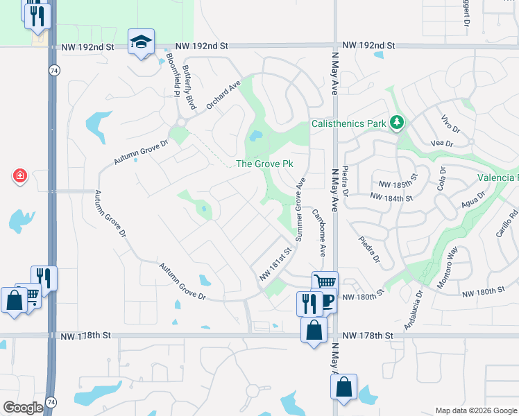 map of restaurants, bars, coffee shops, grocery stores, and more near 18404 Scarborough Drive in Edmond