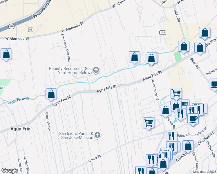 map of restaurants, bars, coffee shops, grocery stores, and more near 3419 Agua Fria Street in Santa Fe