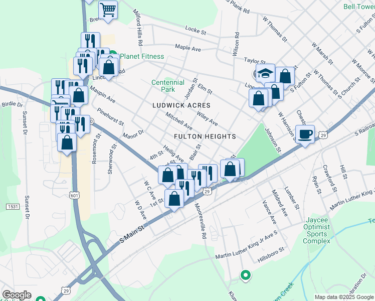 map of restaurants, bars, coffee shops, grocery stores, and more near 301 Maupin Avenue in Salisbury