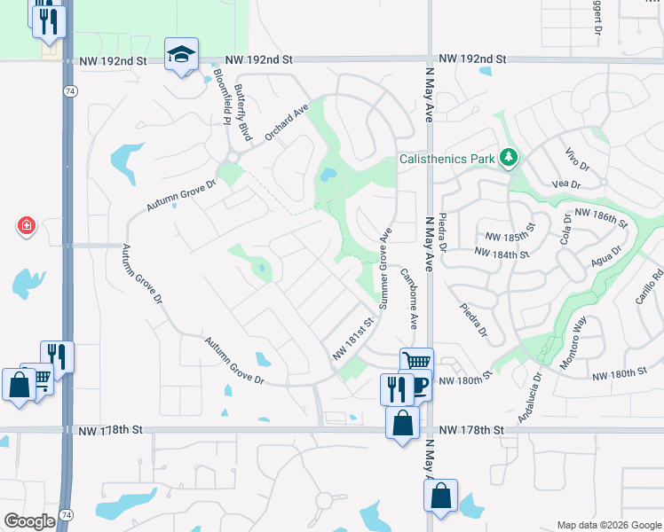 map of restaurants, bars, coffee shops, grocery stores, and more near 18404 Scarborough Drive in Edmond