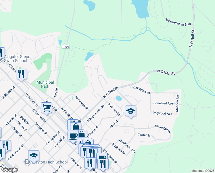 map of restaurants, bars, coffee shops, grocery stores, and more near 140 Smart Court in Clayton