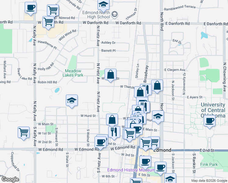 map of restaurants, bars, coffee shops, grocery stores, and more near 416 Chalk Hill Court in Edmond