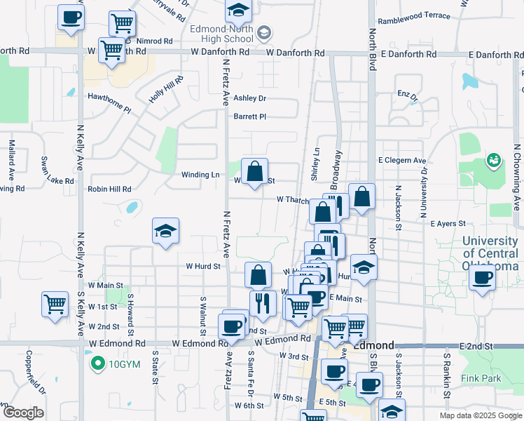 map of restaurants, bars, coffee shops, grocery stores, and more near 416 Chalk Hill Court in Edmond