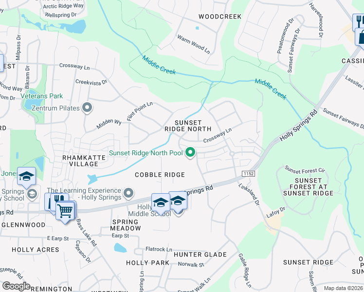 map of restaurants, bars, coffee shops, grocery stores, and more near 224 Kingsport Road in Holly Springs