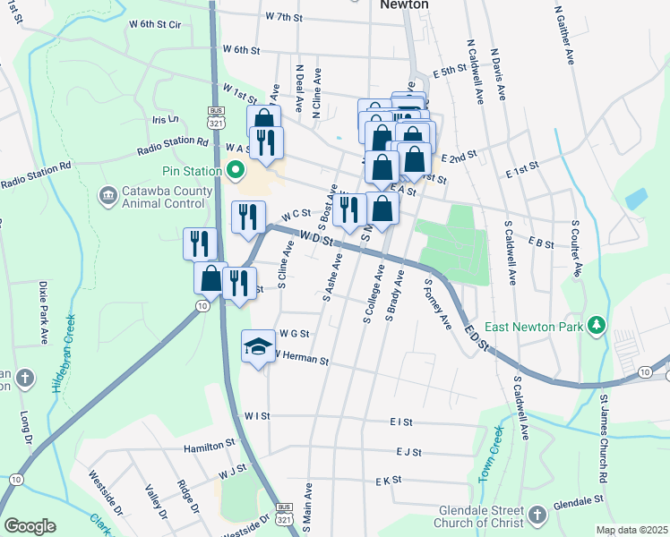 map of restaurants, bars, coffee shops, grocery stores, and more near South Ashe Avenue in Newton