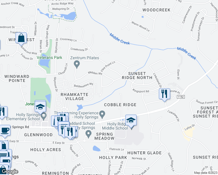 map of restaurants, bars, coffee shops, grocery stores, and more near 113 Sunset Grove Drive in Holly Springs
