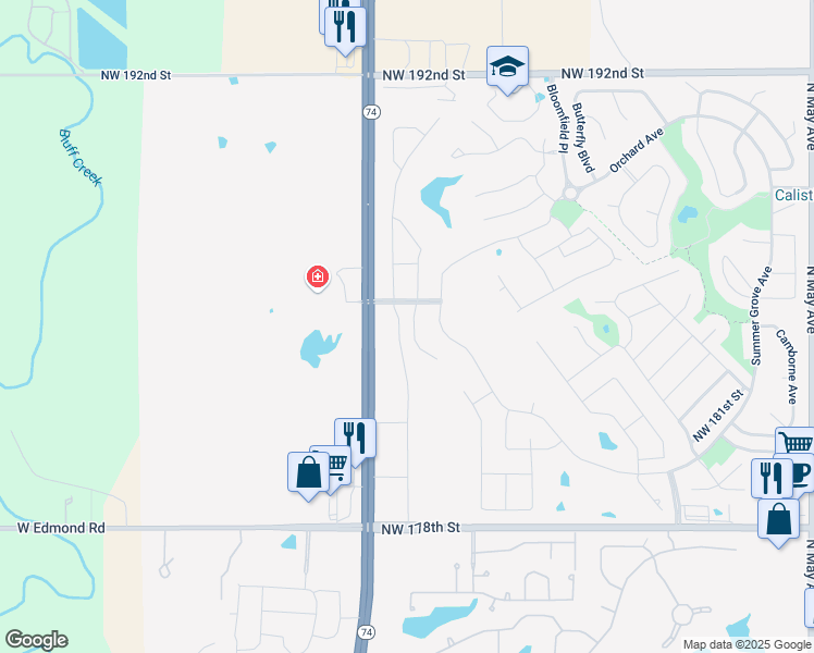 map of restaurants, bars, coffee shops, grocery stores, and more near 18512 Oklahoma 74 in Edmond