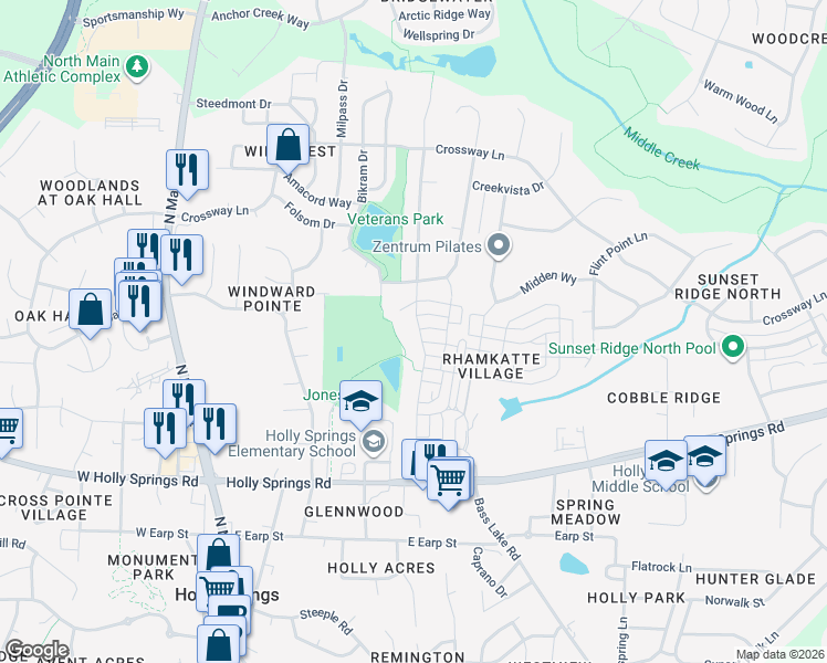 map of restaurants, bars, coffee shops, grocery stores, and more near 520 Skymont Drive in Holly Springs