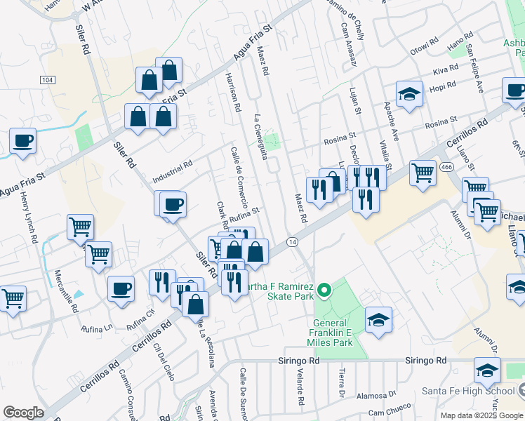 map of restaurants, bars, coffee shops, grocery stores, and more near 1190 Harrison Road in Santa Fe