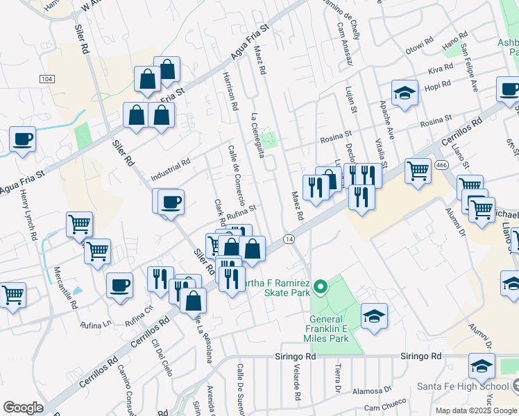 map of restaurants, bars, coffee shops, grocery stores, and more near 1190 Harrison Road in Santa Fe