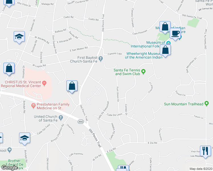 map of restaurants, bars, coffee shops, grocery stores, and more near 1817 Calle De Sebastian in Santa Fe