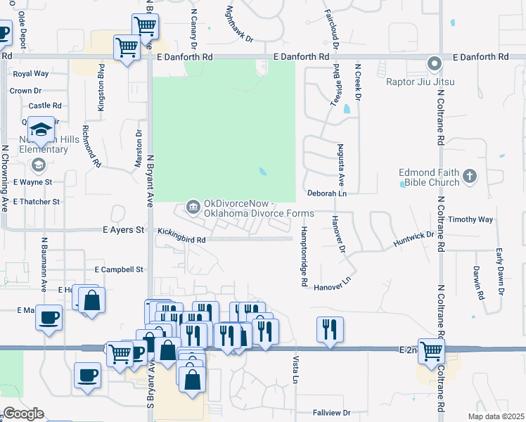 map of restaurants, bars, coffee shops, grocery stores, and more near 2013 Three Stars Road in Edmond