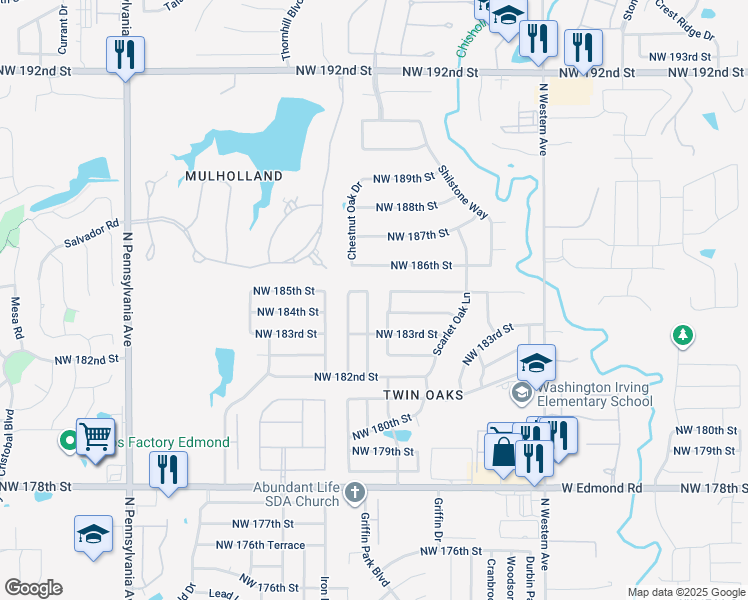 map of restaurants, bars, coffee shops, grocery stores, and more near 18508 English Oak Lane in Edmond