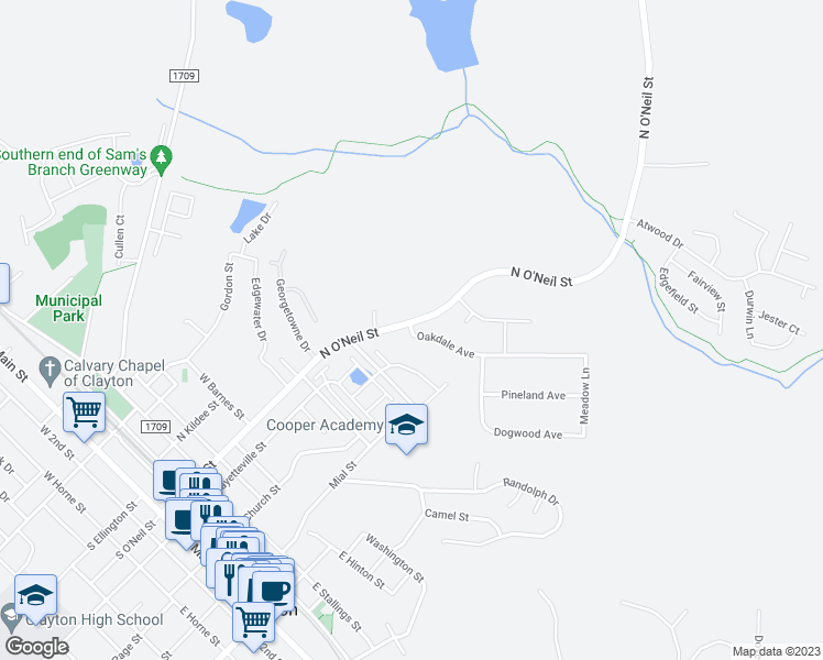 map of restaurants, bars, coffee shops, grocery stores, and more near 105 Oakdale Avenue in Clayton