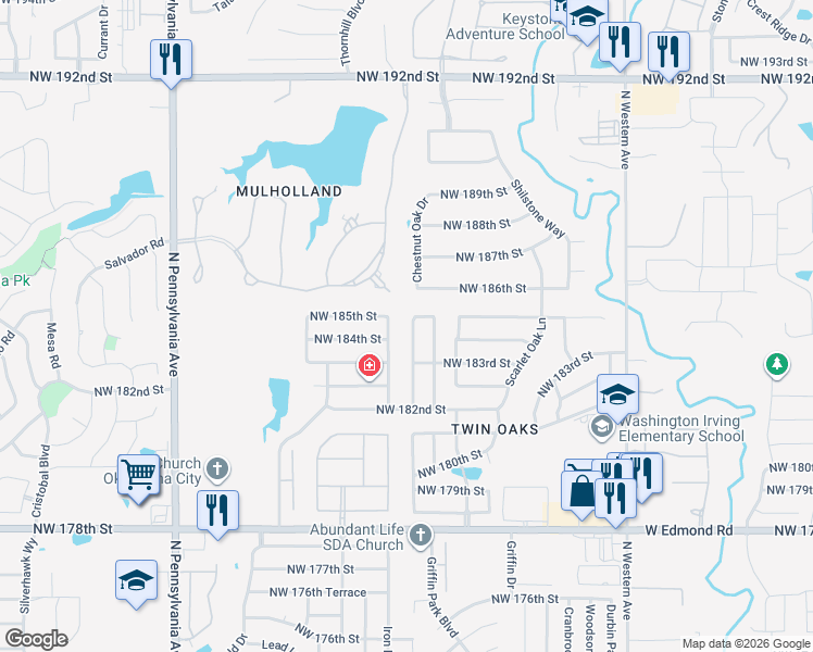 map of restaurants, bars, coffee shops, grocery stores, and more near 18509 Chestnut Oak Drive in Edmond