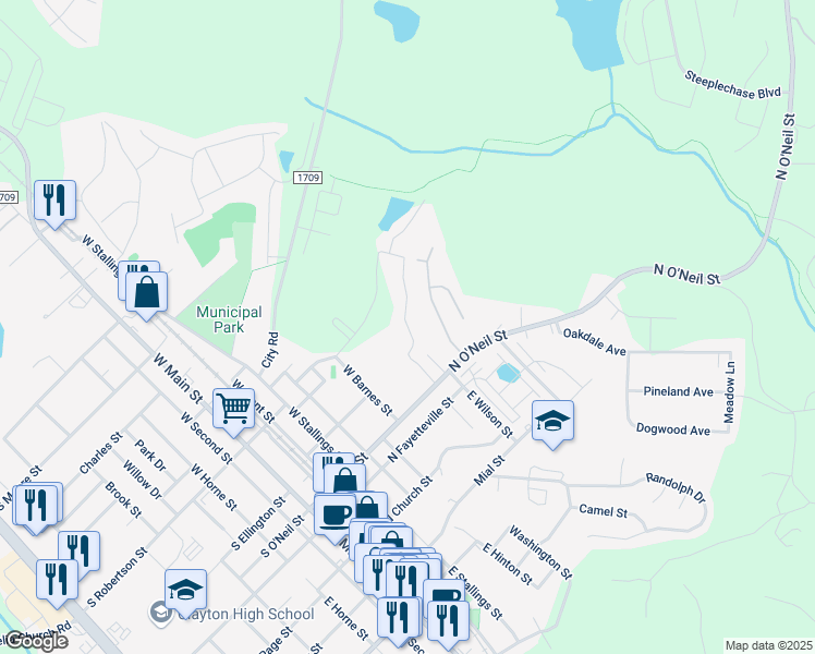 map of restaurants, bars, coffee shops, grocery stores, and more near 105 Edgewater Drive in Clayton