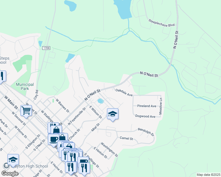map of restaurants, bars, coffee shops, grocery stores, and more near 802 North O'Neil Street in Clayton