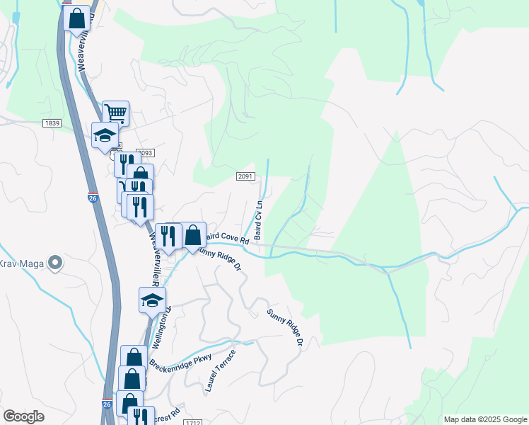 map of restaurants, bars, coffee shops, grocery stores, and more near 121 Baird Cove Lane in Asheville