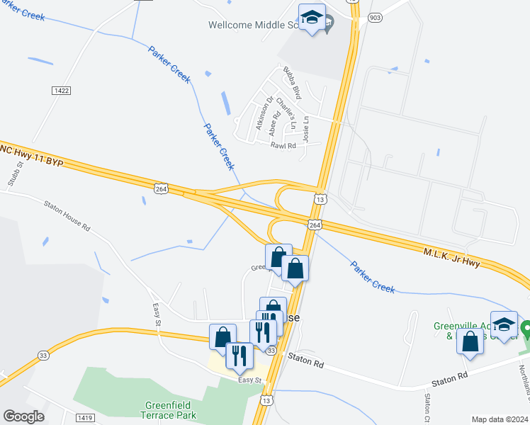 map of restaurants, bars, coffee shops, grocery stores, and more near Martin Luther King Junior Highway in Greenville