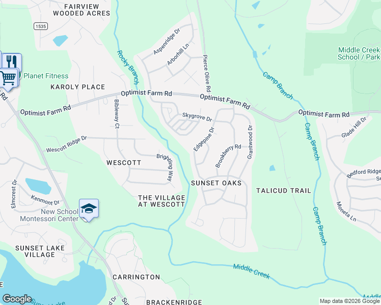 map of restaurants, bars, coffee shops, grocery stores, and more near 428 Edgepine Drive in Holly Springs