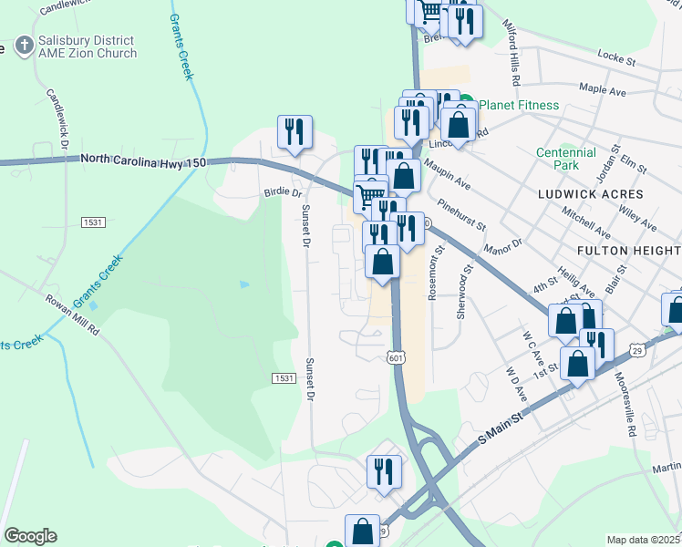 map of restaurants, bars, coffee shops, grocery stores, and more near 806 Sunset Drive in Salisbury