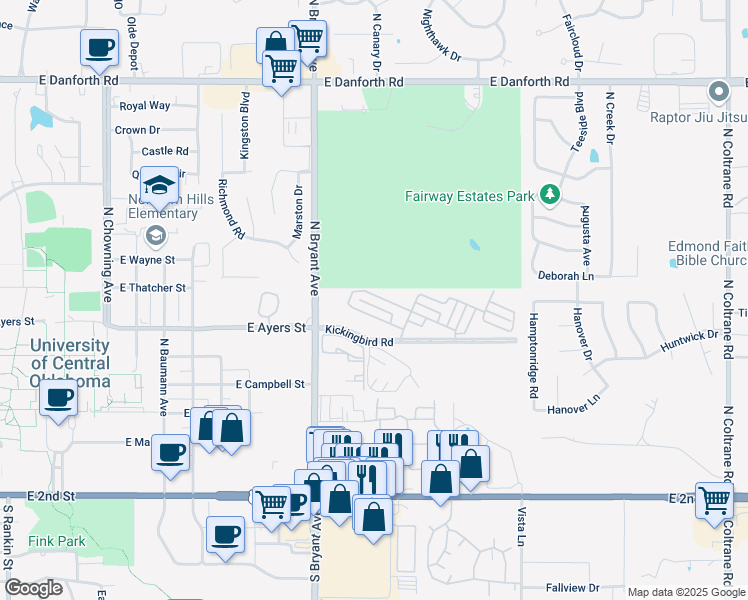 map of restaurants, bars, coffee shops, grocery stores, and more near 1700 Windhill Avenue in Edmond
