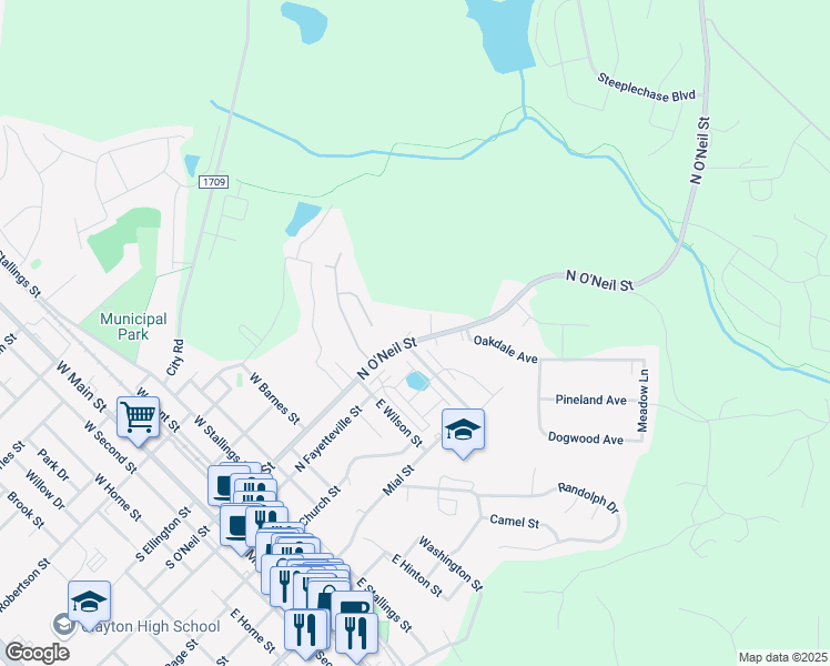 map of restaurants, bars, coffee shops, grocery stores, and more near 702 North O'Neil Street in Clayton