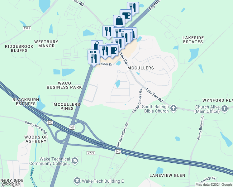 map of restaurants, bars, coffee shops, grocery stores, and more near 2036 Campana Drive in Raleigh