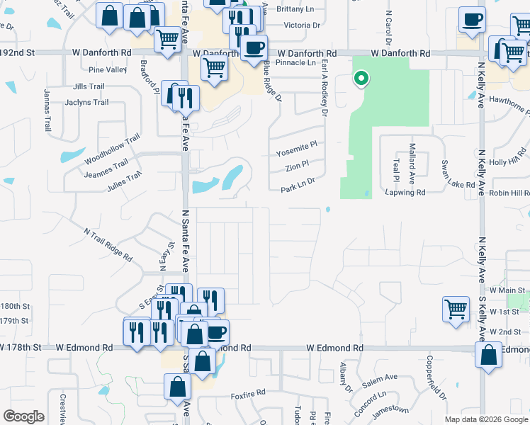 map of restaurants, bars, coffee shops, grocery stores, and more near 409 Kimberly Drive in Edmond