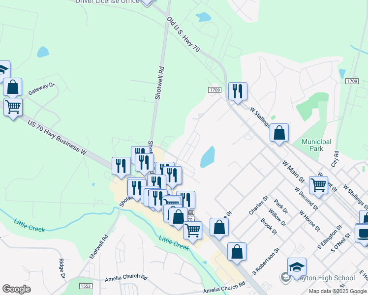 map of restaurants, bars, coffee shops, grocery stores, and more near 114 Enterprise Drive in Clayton