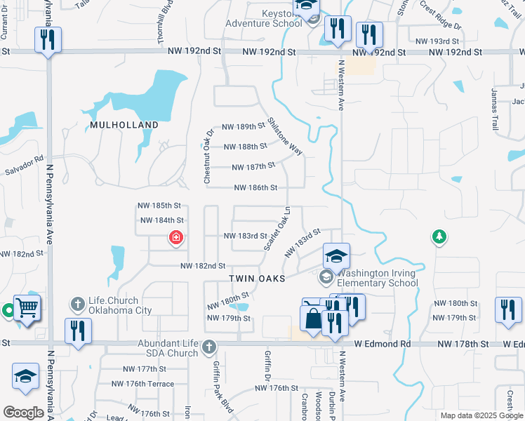 map of restaurants, bars, coffee shops, grocery stores, and more near 1312 Northwest 185th Street in Edmond
