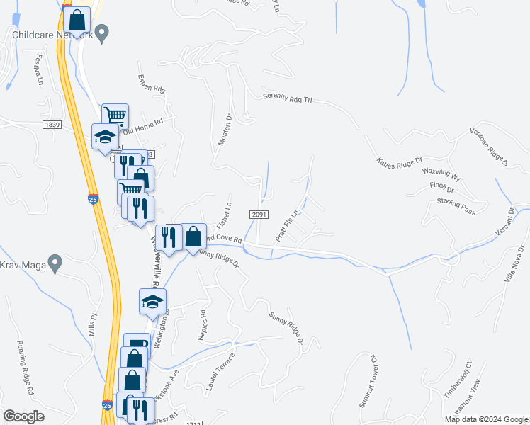 map of restaurants, bars, coffee shops, grocery stores, and more near 121 Baird Cove Lane in Asheville