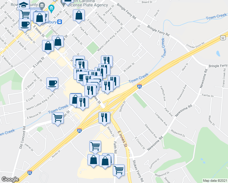 map of restaurants, bars, coffee shops, grocery stores, and more near 1030 East Innes Street in Salisbury