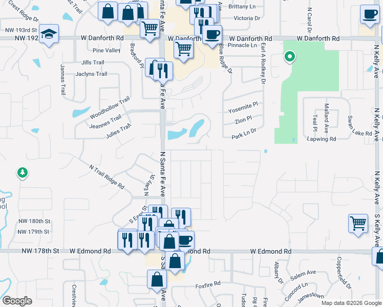 map of restaurants, bars, coffee shops, grocery stores, and more near 2109 Shamrock Drive in Edmond