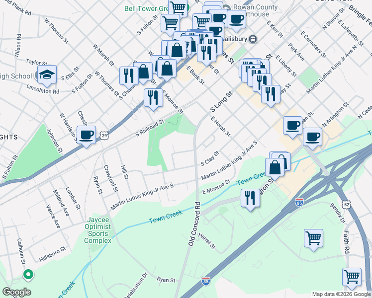 map of restaurants, bars, coffee shops, grocery stores, and more near 610 South Shaver Street in Salisbury