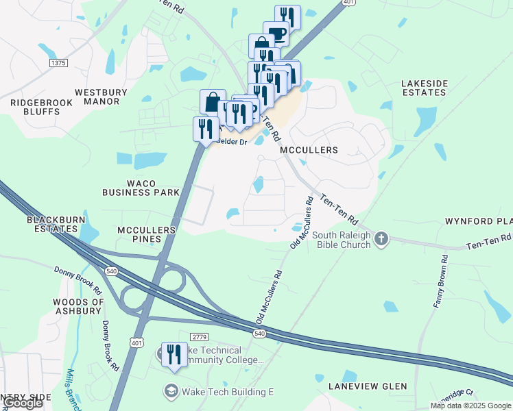 map of restaurants, bars, coffee shops, grocery stores, and more near 2036 Campana Drive in Raleigh