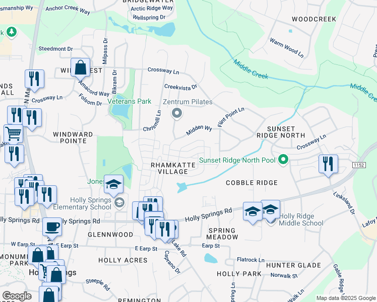 map of restaurants, bars, coffee shops, grocery stores, and more near Beldenshire Way in Holly Springs