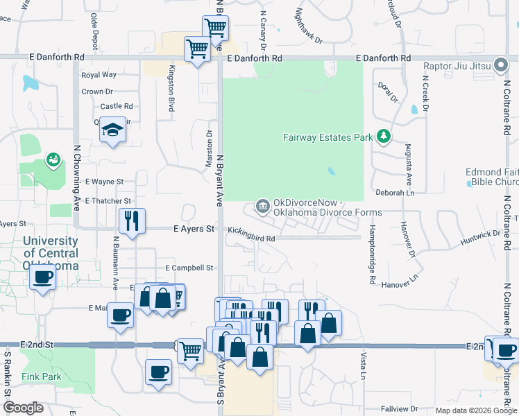 map of restaurants, bars, coffee shops, grocery stores, and more near 1700 Windhill Avenue in Edmond