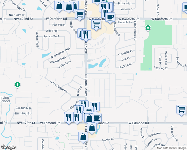 map of restaurants, bars, coffee shops, grocery stores, and more near 2109 Shamrock Drive in Edmond