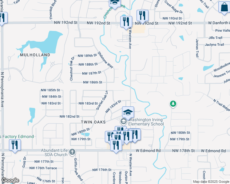map of restaurants, bars, coffee shops, grocery stores, and more near 18508 Bur Oak Drive in Edmond