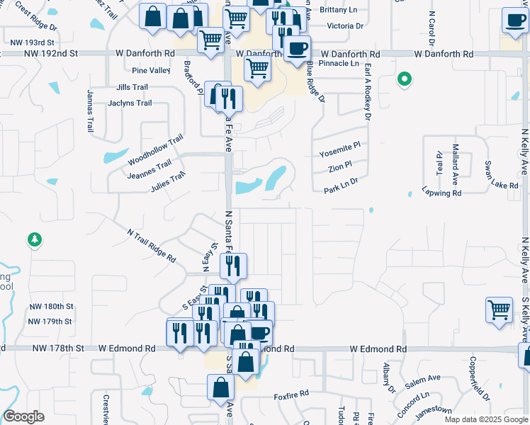map of restaurants, bars, coffee shops, grocery stores, and more near 2109 Shamrock Drive in Edmond