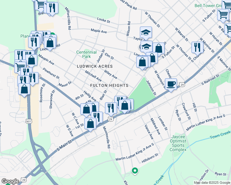 map of restaurants, bars, coffee shops, grocery stores, and more near 203 Mitchell Ave in Salisbury