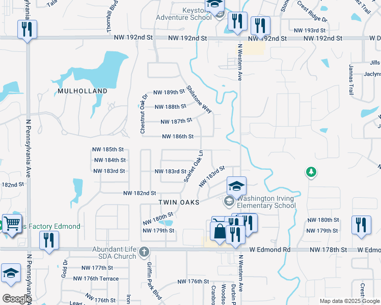 map of restaurants, bars, coffee shops, grocery stores, and more near 1312 Northwest 185th Street in Edmond