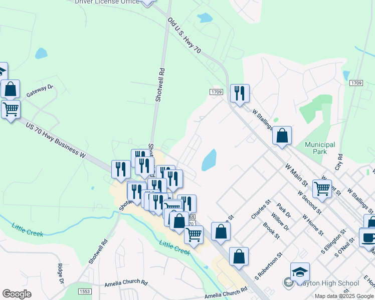 map of restaurants, bars, coffee shops, grocery stores, and more near 114 Enterprise Drive in Clayton