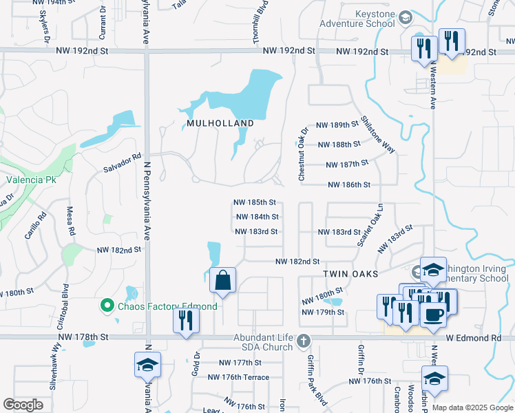 map of restaurants, bars, coffee shops, grocery stores, and more near 1617 Northwest 184th Street in Edmond