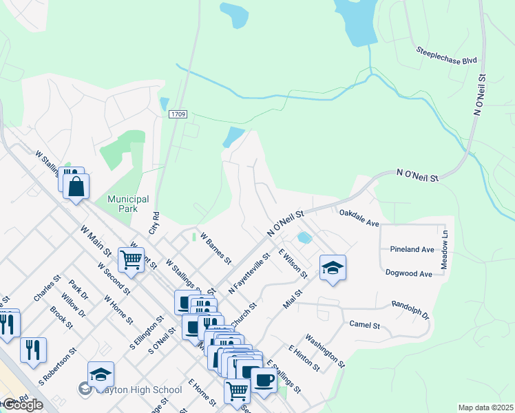 map of restaurants, bars, coffee shops, grocery stores, and more near 105 Edgewater Drive in Clayton