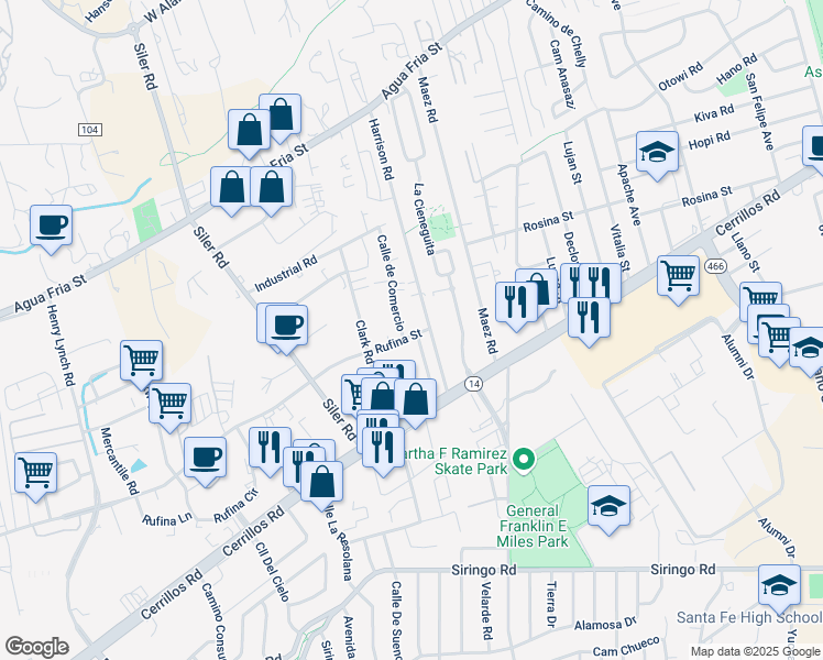 map of restaurants, bars, coffee shops, grocery stores, and more near 1273 Rufina Street in Santa Fe