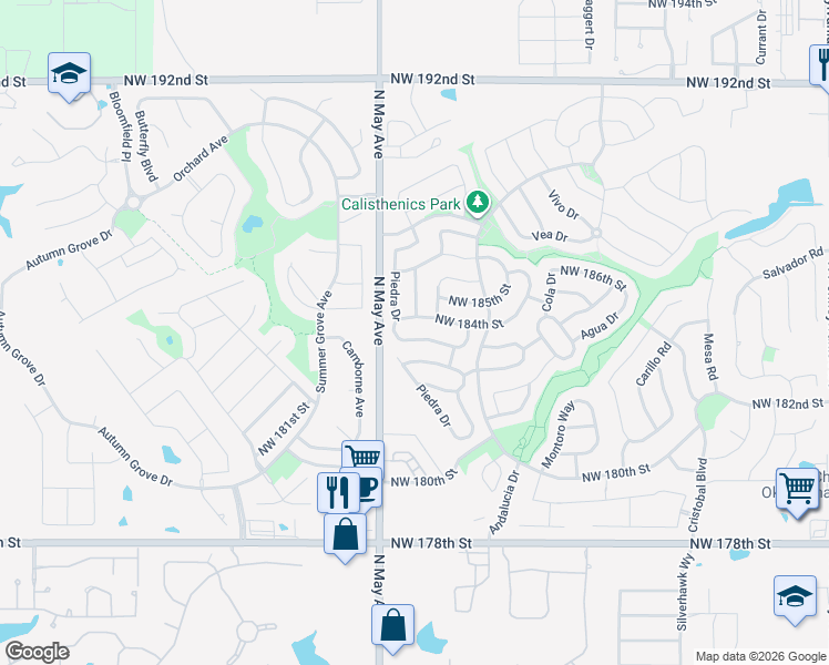 map of restaurants, bars, coffee shops, grocery stores, and more near 2849 Northwest 184th Terrace in Edmond