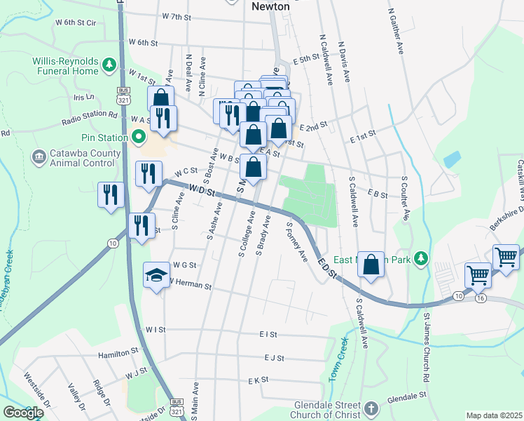 map of restaurants, bars, coffee shops, grocery stores, and more near 317 South College Avenue in Newton